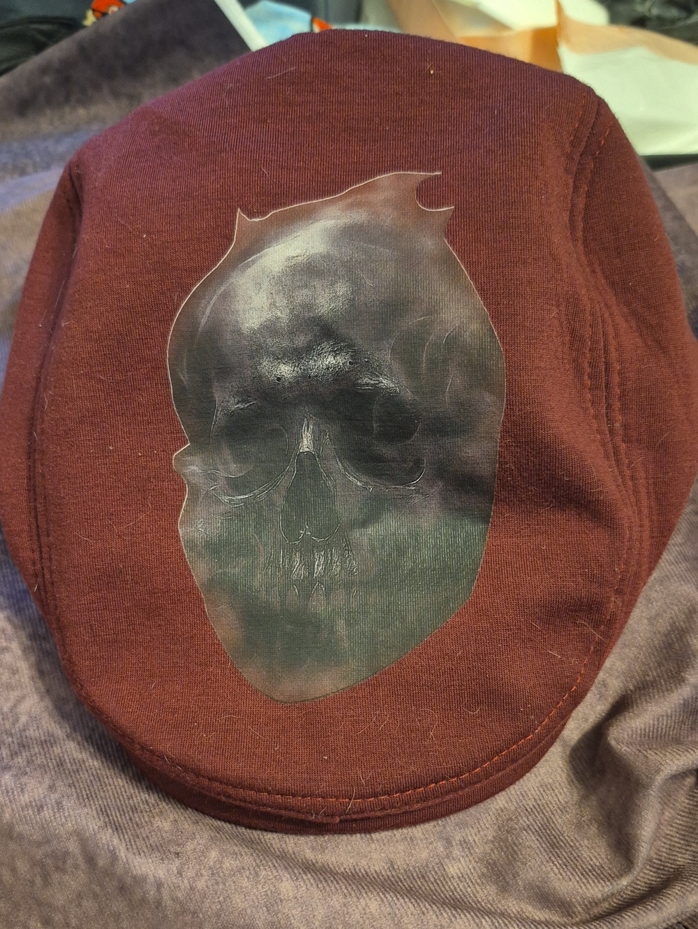 Maroon Skull Appliqué Flat Cap
